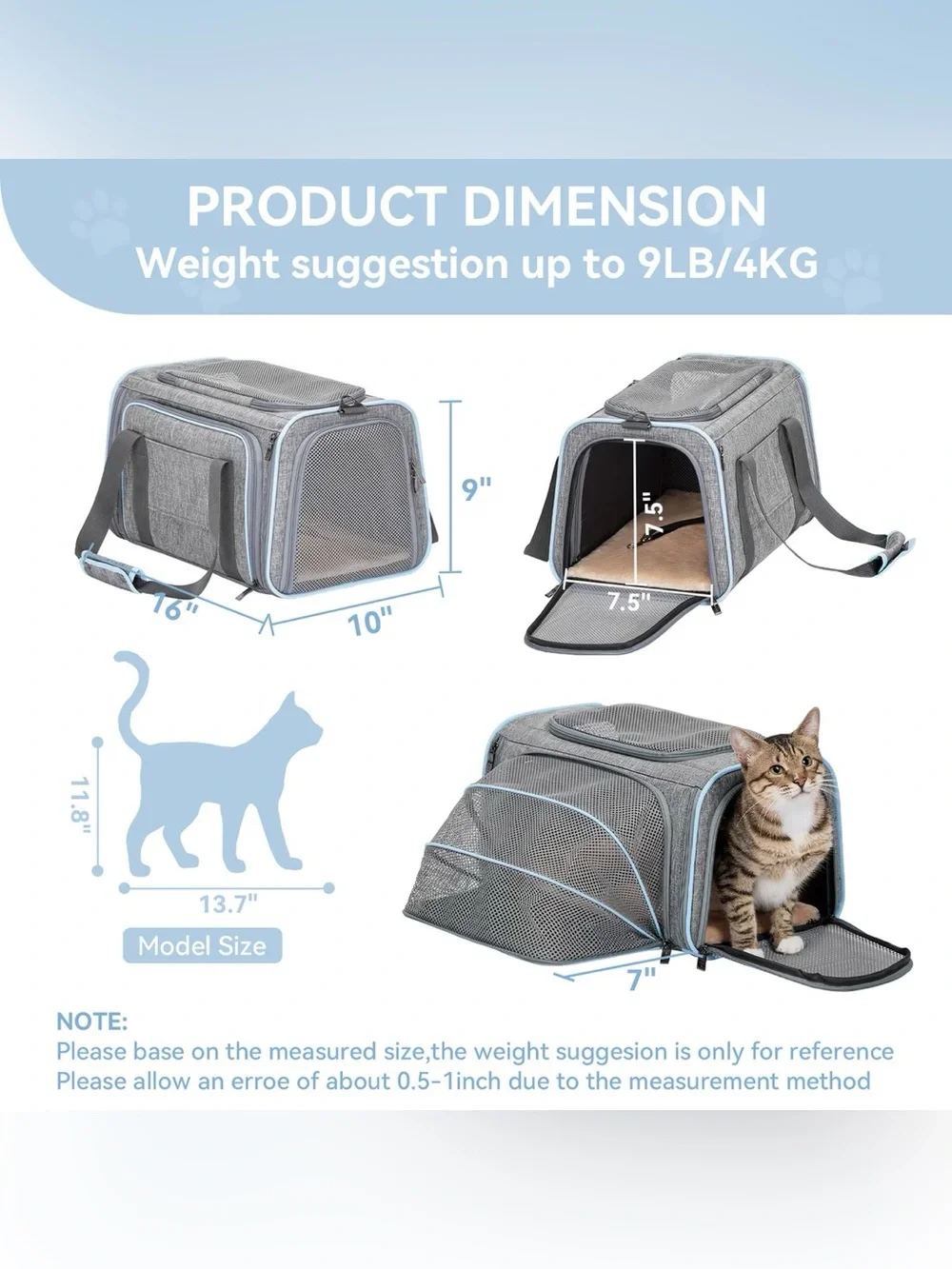 GRAY EXPANDABLE PET CARRIER WITH REMOVABLE LINING SOFT